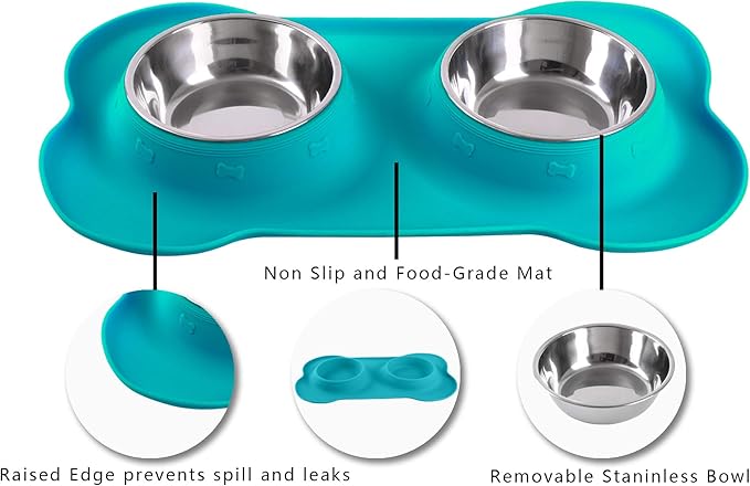 Hubulk Pet Dog Bowls 2 Stainless Steel Dog Bowl with No Spill Non-Skid Silicone Mat + Pet Food Scoop Water and Food Feeder Bowls for Feeding Small Medium Large Dogs Cats Puppies (Large, Green)