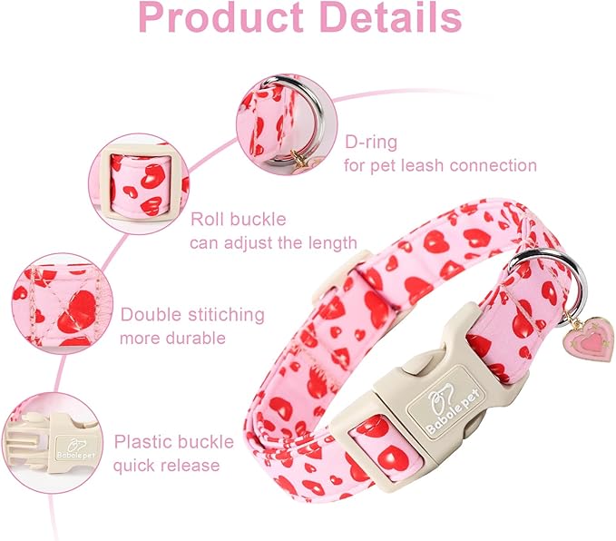Valentines Dog Collar, Cute Pink Dog Collar with Red Heart Printed, Comfortable Girl Puppy Collar with Quick Release Plastic Buckle, Small