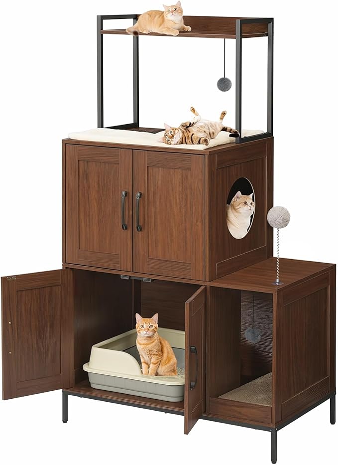 HOOBRO Litter Box Enclosure, Litter Box Furniture with Storage, 2-in-1 Hidden Cat Furniture with Shelf, 2 Dangling Plush Balls and 1 Toy Ball, Large Wooden Cat Washroom, Walnut WL78MW01