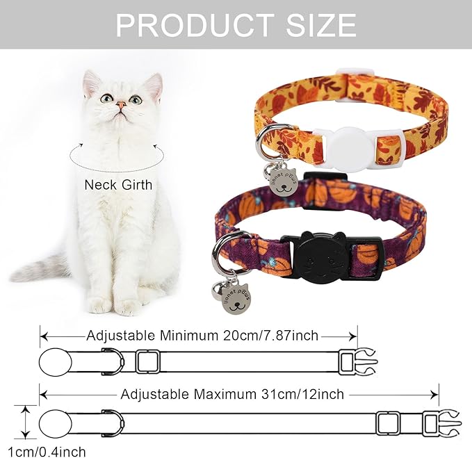 Lionet Paws 2pcs Pack Cotton Cat Collar,Breakaway Buckle with Purple Pumpkin, Red Leave and Brand Pendant Cute Adjustable Cat Kitten Collar,Ideal for Girl Cats Boy Cats