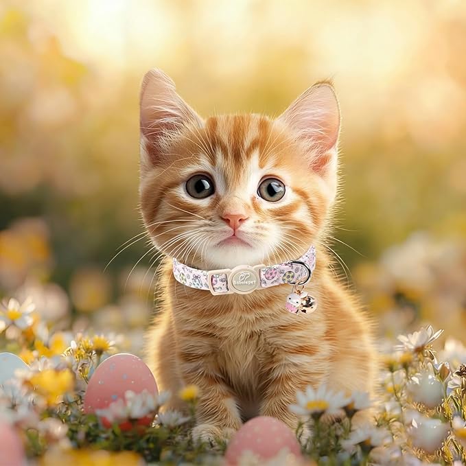 2 Pack Easter Cat Collars - Pastel Bunny&Egg Print Breakaway Easter Cat Collar with Bell & Bunny Pendant, Adjustable Cute Spring Holiday Kitten Collars for Boy Girl Cats