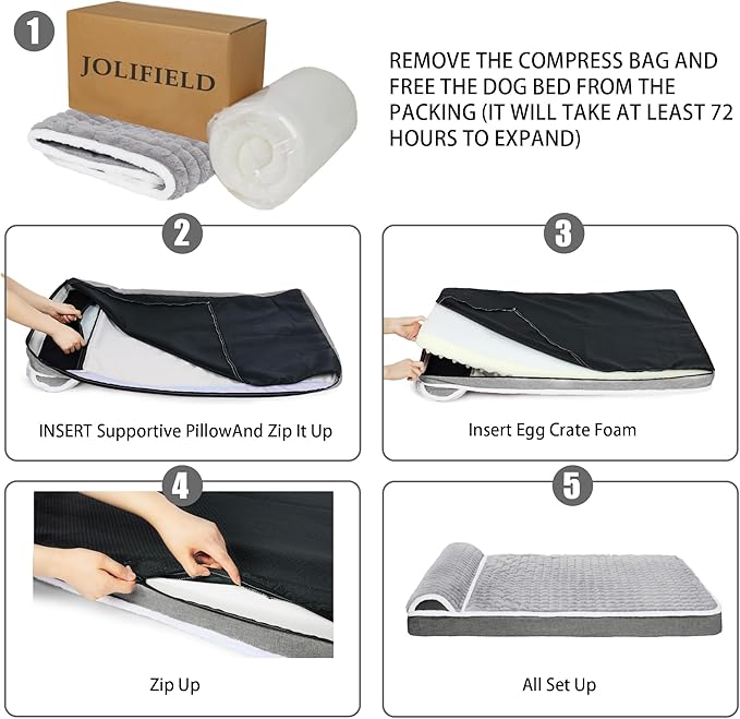 Orthopedic Dog Bed Large Sized Dog with Pillow 36''X24'', Waterproof Soft Comfortable Egg Crate Foam Pet Crate Beds Mat with Removable Washable Cover and Non-Slip Bottom, Cream