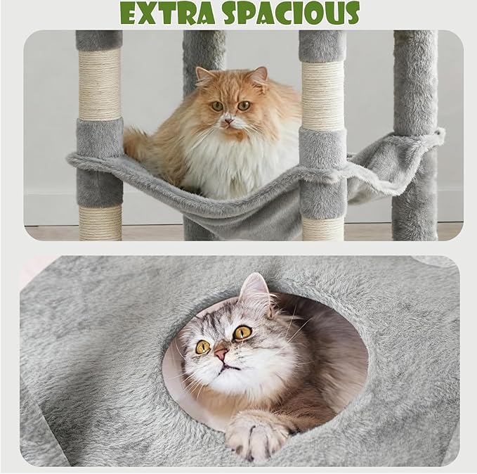 78.8" Large Cat Tree Tower for Indoor Kitties, Multi-Level Furniture Activity Center for Tall Cat Condo with Cozy Perches,Sisal Scratching Posts,Hammock and Basket (78.8 inch Light Gray)