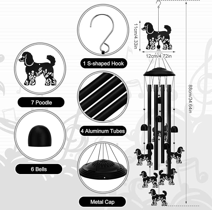 Poodle Wind Chimes for Garden, 34.6 Inch Weather-Resistant Metal Windchime with 4 Aluminum Tubes, Pet Memorial Gift for Dog Lovers, Patio & Yard Deco