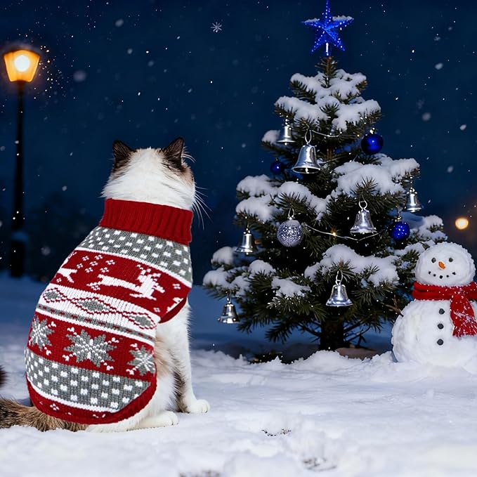 Cat Dog Christmas Sweater Pet Winter Warm Coat Pajamas Small Dog Sweaters Reindeer Snowflake Christmas Sweater for Large Cats Small Dogs (Reindeer, L)