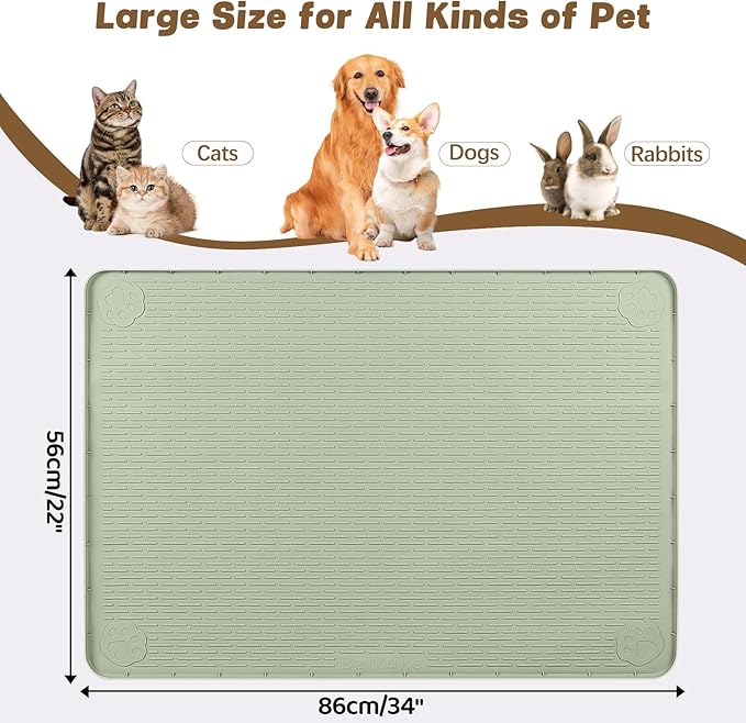 Cat Food Mat, 34" x 22" Large Silicone Pet Feeding Mat for Food and Water Bowls Non-Slip, Easy to Clean (Green)