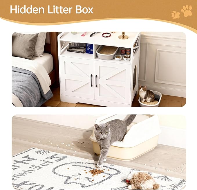 Cat Litter Box Enclosure Furniture - Hidden Litter Box Cabinet with Scratch Pad & Odor Control | Farmhouse Style End Table for Cats | Discreet Cat Washroom for Living Room & Bedroom White