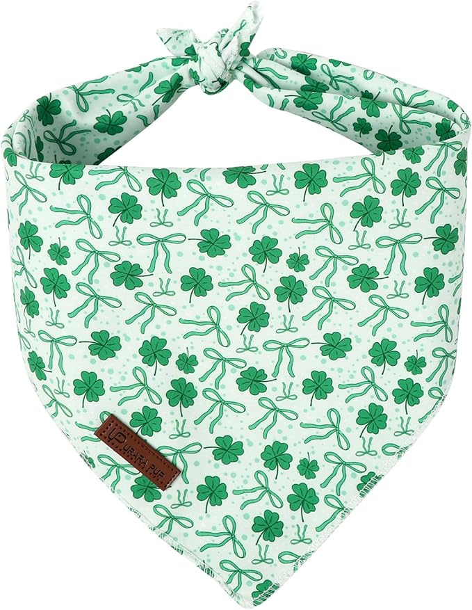 St. Patrick's Dog Bandana, UP URARA PUP Shamrock Triangle Bid, Clover and Bow Pattern Scarf for Medium Large Dogs, Cotton Kerchief for Girl Boy Puppies, Cute Spring Green Bandana,L