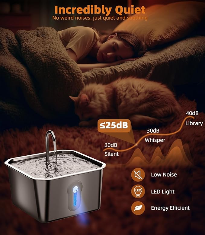 4L Large Capacity Cat Water Fountain Stainless Steel with 3 Filters Pet Water Fountain for Drinking Watering Supplies Pets Dog Small Animal Automatic Cat Water Dispenser for Cats Quiet Indoor
