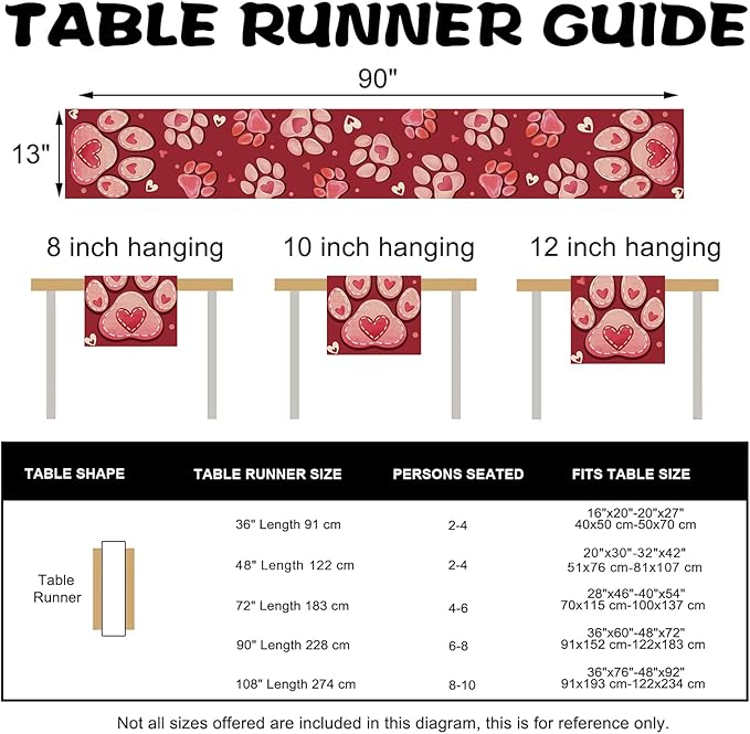 Valentines Day Dog Cat Paw Prints Table Runner, Red Love Hearts Kitchen Dining Table Decoration Pet Lover Gift, Anniversary Wedding Burlap Indoor Outdoor Home Decor Party Supply 13 x 90 Inches
