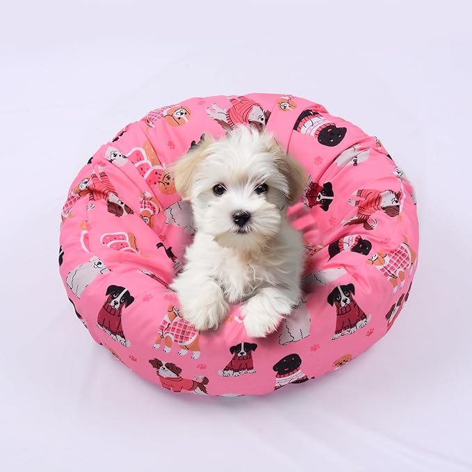 Round Replacement Dog Bed Covers Elastic Edged Washable Pet Bed Protector with Pink Dog Pattern Design for Small & Medium Pet Beds, Cover Only (Pink, 20 x 9.8 Inch)