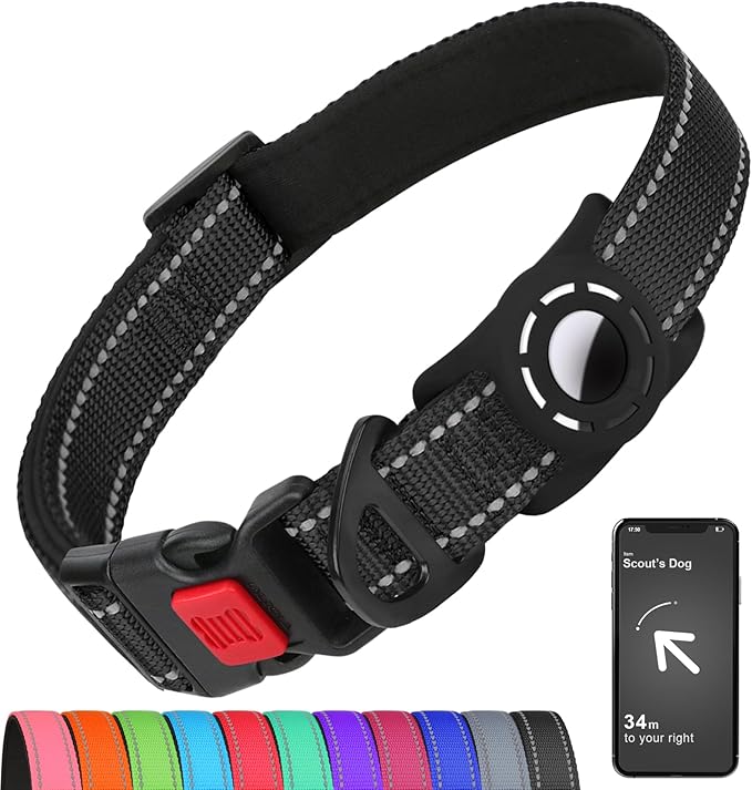 Airtag Dog Collar with AirTag Holder for Small Dogs, Reflective, Soft Padded & Safety Locking Buckle, Nylon Pet Collars Adjustable for All Breeds, Black,S