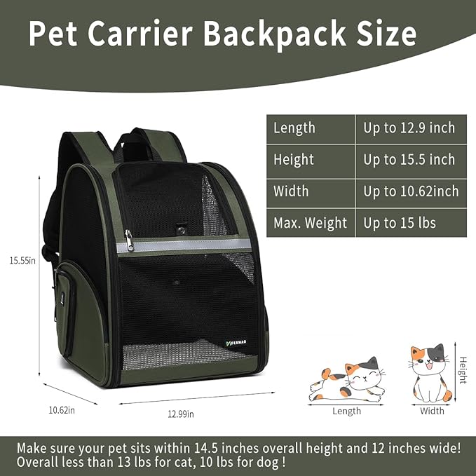 Cat Backpack Carrier for Small Dogs and Medium cat Puppy Kitten Bunny Pet Carrier Backpack Collapsible with Fully Ventilated Mesh with Safety Leash (DarkGreen, 12.9" L x 10.62" W x 15.5" H - M)