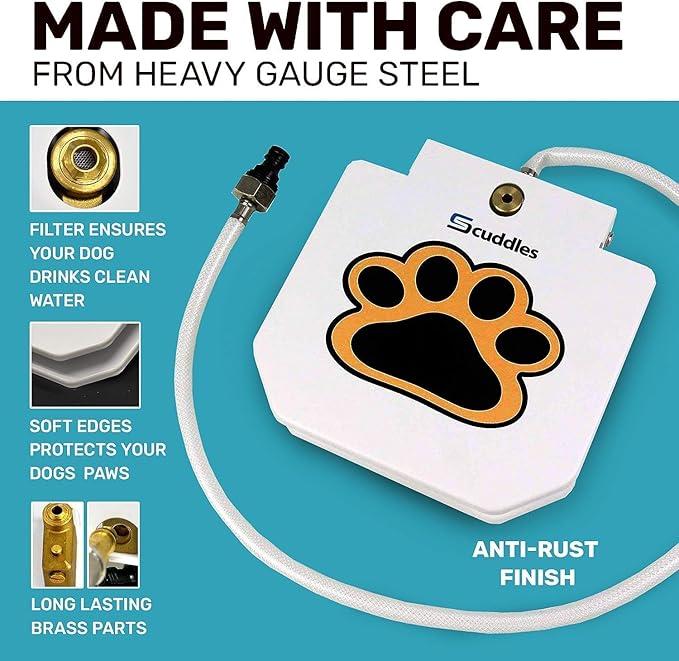 Scuddles Dog Sprinkler, Paw Activated Water Fountain, Outdoor Dog Water Sprinkler with Copper Valve, Easy Step-On Pedal, Perfect For Dogs to Stay Cool and Hydrated, Hose Attachment and Training Guide,