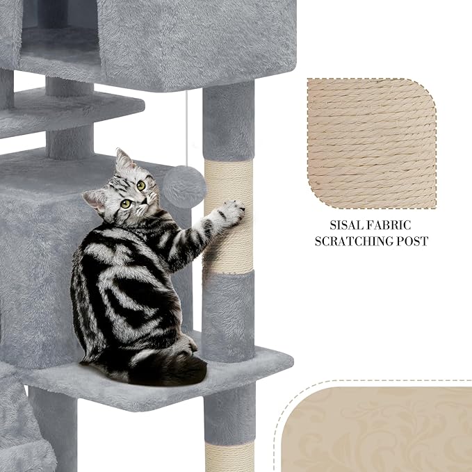 Athena Collection 70 Inch Cat Tree for Indoor Cats, Multi-Level Activity Center With 2 Condos, Scratching Post & Dangling Ball, Tall Climbing Tower, Light Gray