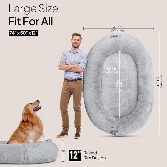 Human Dog Bed for Adults, 74"x50"x12" Giant Memory Foam Bed for Ultimate Comfort, Waterproof & Machine Washable Cover with Storage Pocket, Ideal for Sleep and Nap, Light Grey