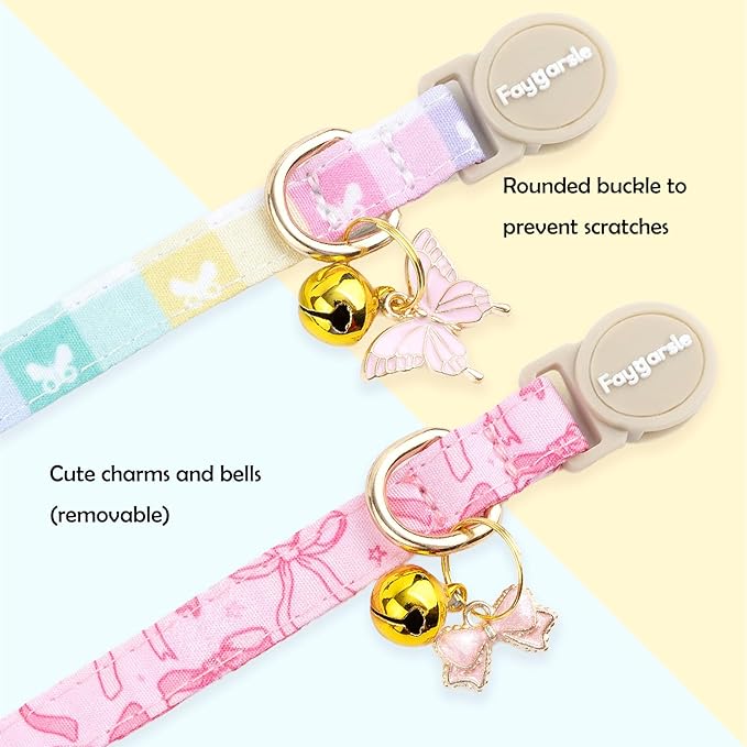 Faygarsle 2 Pack Plaid Butterfly Fish Pattern Cat Collars Breakaway Safety Collar with Bell Spring Summer Design for Girl Cats,Blue Multicolor