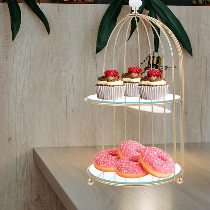 DOITOOL Gold Metal Cupcake Stand Bird Cage Dessert Stand, 2 Tier Dessert Display Stand Cake Holder for Wedding, Party, Birthday, Baby Shower Celebrations, Table Decorations