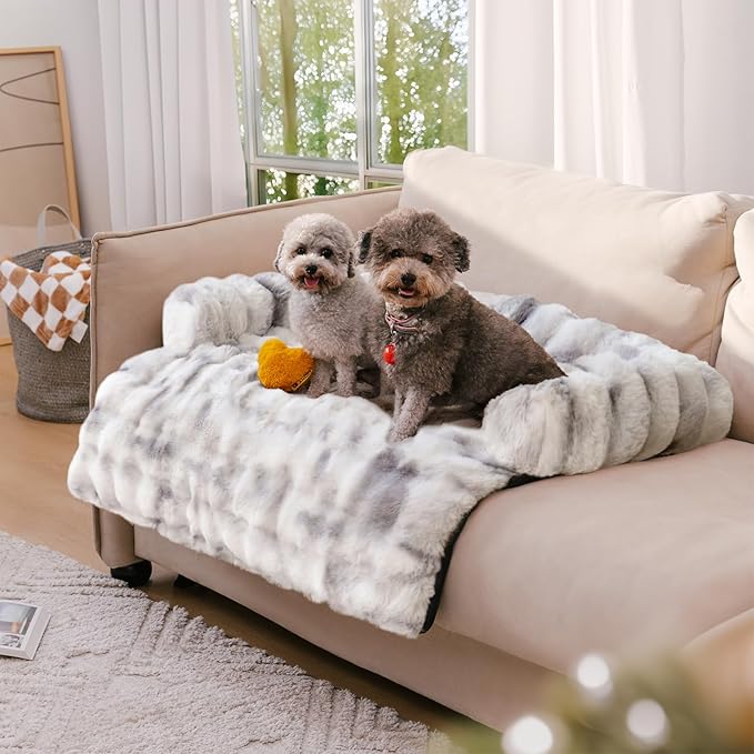 FUNNY FUZZY Pet Fluffy Fuzzy Couch Cover, Calming Washable Dog Bed Sofa Protector Pets Mat for Small Medium Dogs and Cats (Tie-dye Grey, 31.5"×25.5"×4.7")