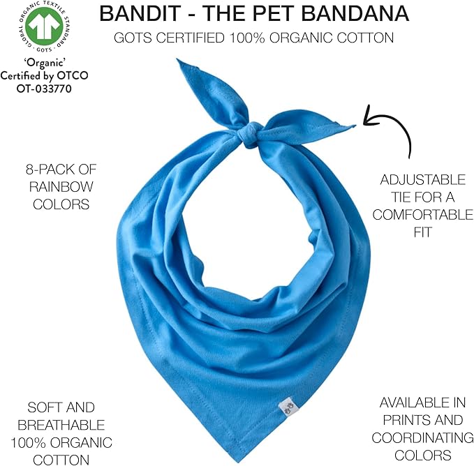 Bandit - The PET Bandana, 8 Pack 100% Organic Cotton Pet Bandanas Clothes for Small, Medium, Large Dogs, Rainbow Blue, X-Small/Small