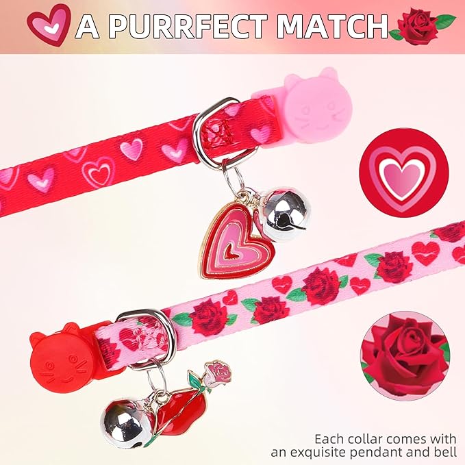 PUPTECK Breakaway Cute Cat Collar with Bell Charm for Kitty, 2 Packs Adjustable Kitten Collars Rose and Love Pattern, Red Pink Heart, 7.8-11.8 in