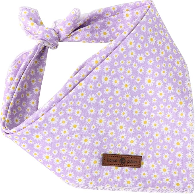 Lionet Paws Spring Daisy Dog Bandana Washable Cotton Handkerchief Scarf Triangle Purple Bandana for Small Medium Large Dogs Girl Boy