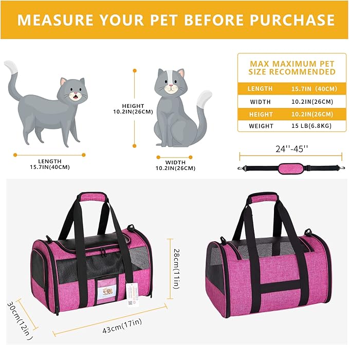 Airline Approved Cat Carrier, Soft-Sided Pet Travel Carrier for Cats and Small Dogs up to 15lbs, TSA Approved Under Seat Carrier with Collapsible Bowl, 17x12x11 Inch, Red