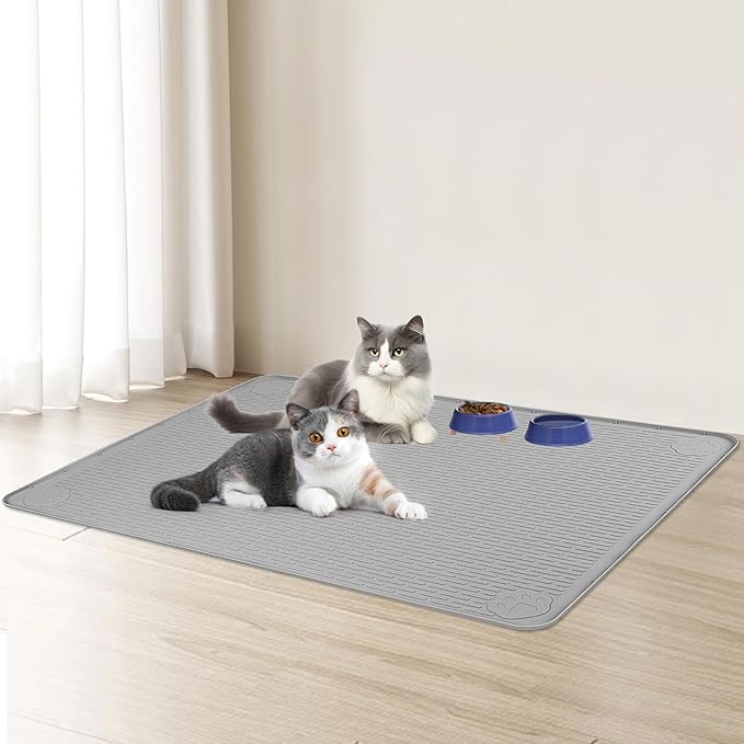 Cat Food Mat, 57" x 40" Extra Large Silicone Pet Feeding Mat with Raised Edge Pet Placemat for Food and Water Bowl Non-Slip, Easy to Clean, Floor Protection (Light Grey)