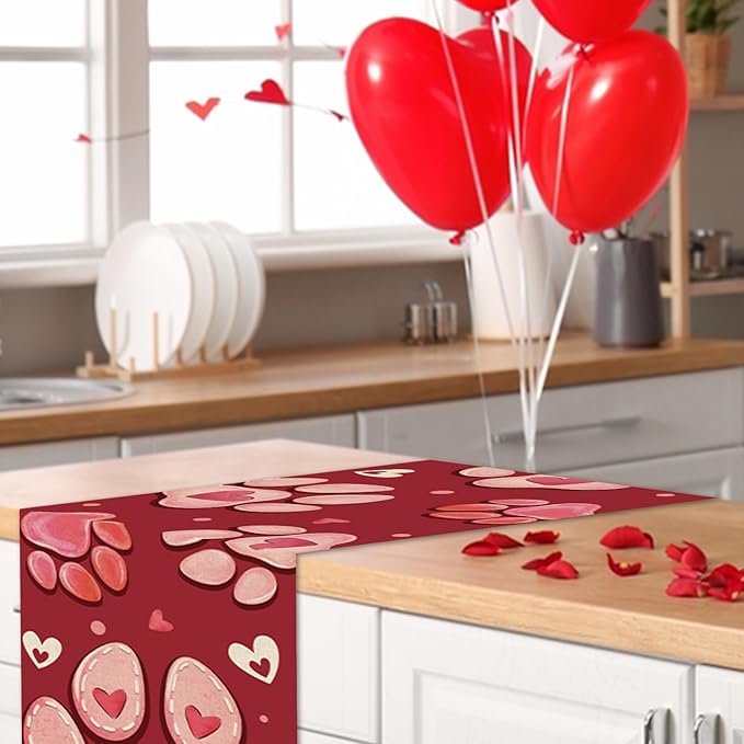 Valentines Day Dog Cat Paw Prints Table Runner, Red Love Hearts Kitchen Dining Table Decoration Pet Lover Gift, Anniversary Wedding Burlap Indoor Outdoor Home Decor Party Supply 13 x 108 Inches