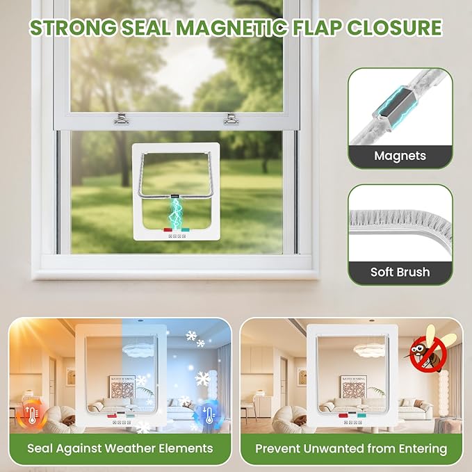 Cat Door for Window, 4 Locking Modes for Safety Cat Window Door, Fits 14"-28" Width Window, Durable Weatherproof design Cat Door, Magnetic Closure, Wider View, Pet Door With Safe & Comfortable for Cat