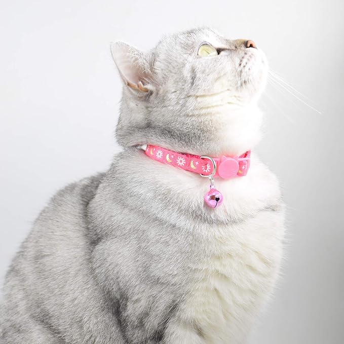 3 PCS Breakaway Cat Collar with Bell, Moon Cat Collar Adjustable Cute Kitten Collars Soft for Cat Puppy 7-10.2in (Red Pink Purple)