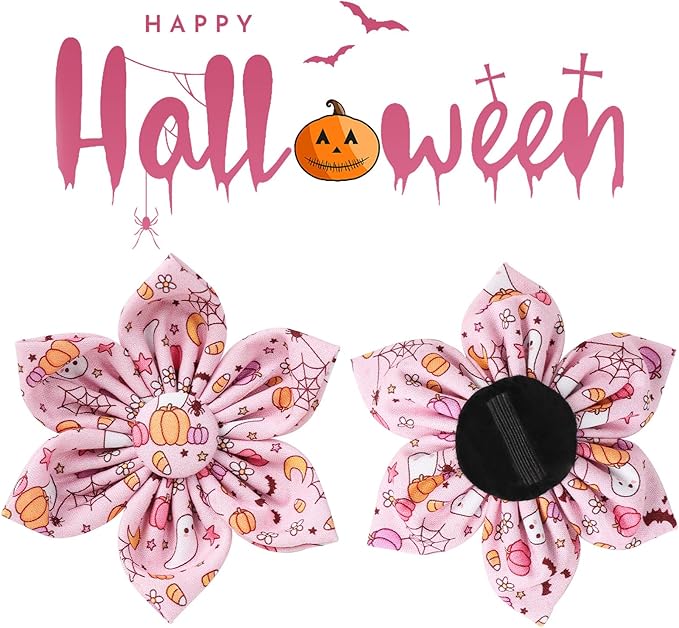 Halloween Dog Collar With Flower, Pink Puppy Collar With Adjustable Metal Buckle, Fancy Bowtie Gift for Girl Boy Dog, M