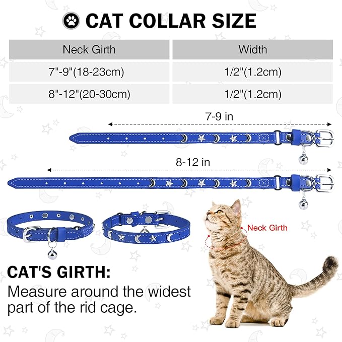 Leather Cat Collars for Boy Girl Cats with Bell and Safety Elastic Belt, Personalized Star and Moon Stud Adjustable Safe Buckle Collar for Kitty Small Big Cats Size 8-12 Inch, Blue
