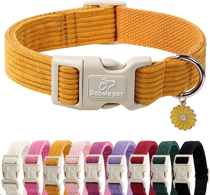 Cute Corduroy Dog Collar - Mustard Yellow Adjustable Dog Collars for X-Large Dogs 80+lbs, Fade-Proof with Secure Snap & Little Charm, Christmas Birthday Gift, XL