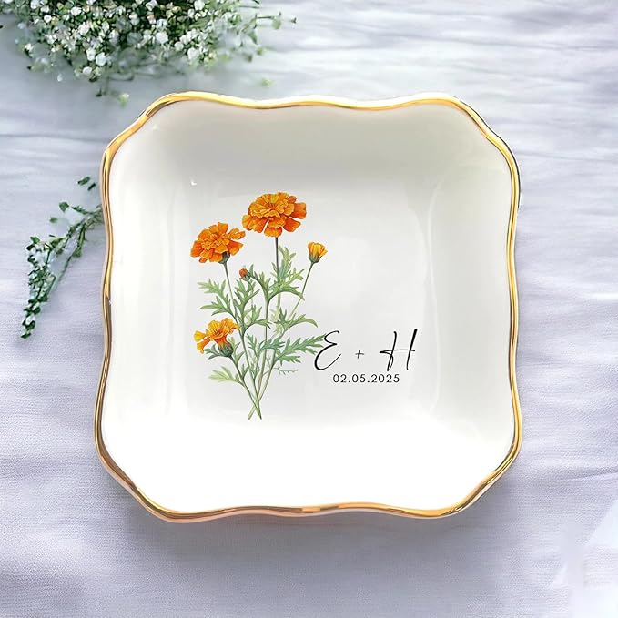 Personalized Floral Jewelry Dish, Engaged Ring Dish, Custom Trinket Dish Engagement Gift for Newly Engaged Couple, Mr and Mrs Ring Dish Just Married Valentines Gifts Keepsake