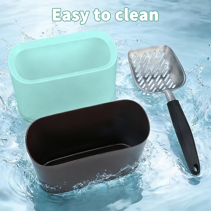 Heavy-Duty Cat Litter Scoop with Holder, Metal Cat Scooper and Detachable Trash Can,Aluminum Kitty Poop Shovel Captures All Clumps,Speed Sifter Litter Box Scooper and Caddy with Lid(Green)