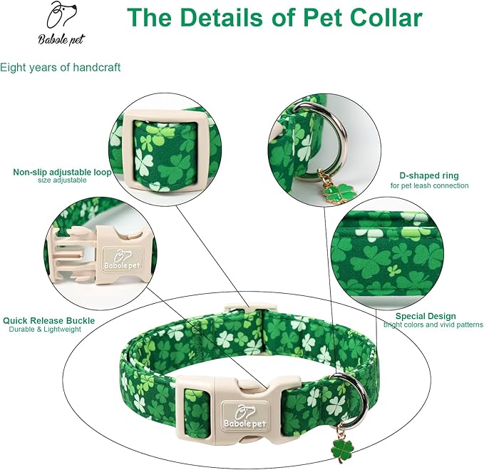 St. Patrick's Day Dog Collar for Small Dogs - Bold Green Lucky Clover Dog Collars, Cute Irish Party Shamrock Puppy Collar, Lightweight Adjustable St. Patricks Day Pet Collars XS