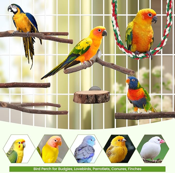 BILLIOTEAM 9PCS Apple Wood Bird Perches, Natural Parrot Stand & Chewing Toy with Multi-Branch, Straight Perch Stand, Platform & Climbing Rope, Cage Accessories for Parakeets, Cockatiels, Budgies