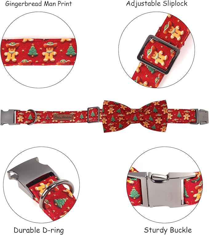 Christmas Dog Collar, Soft Pet Collar Gingerbread Man Cute Dog Collar with Bow Red Christmas Tree Adjustable Sturdy Collars Winter Holiday Collars for Small Girl Boy Dogs