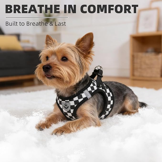 PUPTECK Adjustable Dog Harness Collar and Leash Set Step in No Pull Pet Harness for Small Medium Dogs Puppy and Cats Outdoor Walking Running, Checkered Black&White XS