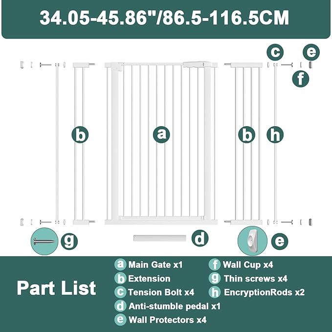 40.55" Tall, 34.05-45.86 Inch Wide, 1.37" Ultra Narrow Spacing Dog Pet Baby Gate Indoor for Doorway Hallway, Pressure Mounted 35 36 37 38 39 40 41 42 43 44 45 Inches Wide