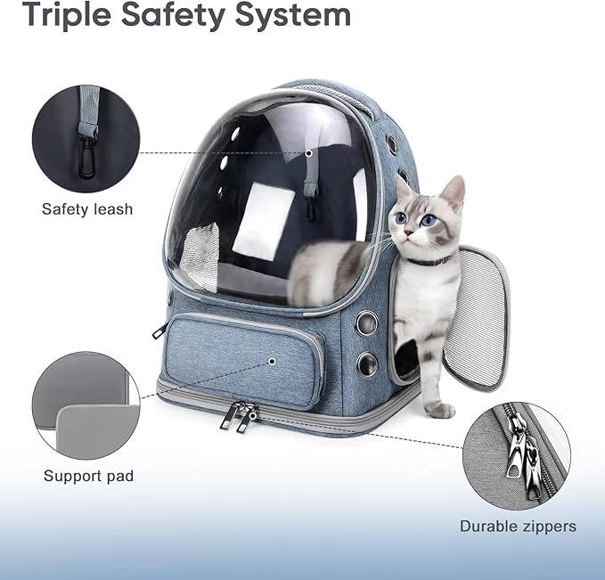 Cat Backpack Carrier, Breathable Cat Bubble Backpack for Kitty & Small Dog, Large Space Cat Carrier Backpack, Foldable Airline Approved Carrier for Trip Vet Travel up to 18lbs（Blue）