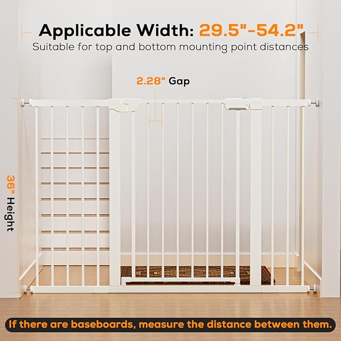 29.5-54.2" Magnetic Baby Gate for Stairs, Baby Safety Essentials, Auto Close Gate for Doorways, Easy Install Pressure Mounted Dog Gate Indoor, Pet Gates for Dogs, White