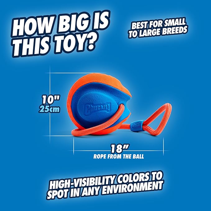 Chuckit! Rope Fetch Dog Toy - Ball on Rope Fetch and Tug-of-War Toy for Dogs - Durable EVA Rubber Construction - 5.5-inch Diameter - 18-inch Rope - Orange and Blue