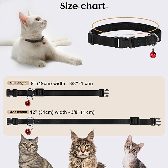 Breakaway Cat Collar with Bell - Leather Adjustable Kitten Collars with Safety Quick Release Buckle - Soft Small Pet Collars for Girl & Boy Cats