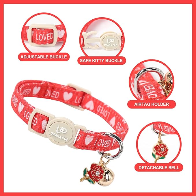 Cat Collar, 2 Pack Cat Collars Cute Breakaway Kitty Collar with Bell, Valentine's Day Kitten Collars Pink Hearts with Safety Buckle for Girl and Boy Cats