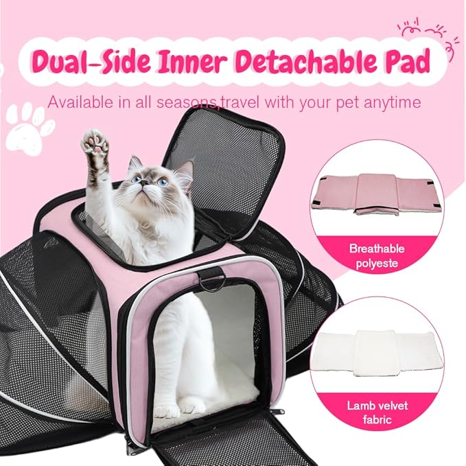 Double Expandable Cat Carrier,Airline Approved Soft-Sided Pet Travel Carrier for Small Dogs Cats under 15 lbs,Waterproof 600D Oxford Fabric with Washable Replacement Liner,Odor-Free & Claw-Proof(Pink)