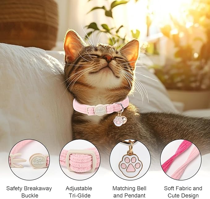 2 Pack Corduroy Cat Collars - Cute Breakaway Cat Collar with Bell and Paw Pendant, Soft Adjustable Fall Winter Kitten Collars for Girl Boy Cats, Pink&Deep Pink