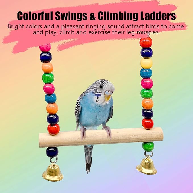 kathson Bird Perches Platform with Climbing Ladder and Swing,Parrot Cage Playground Toys with Food Cups,Parakeet Playing Gyms Wooden Exercise Training Stands for Budgie,Lovebird,Cockatiels