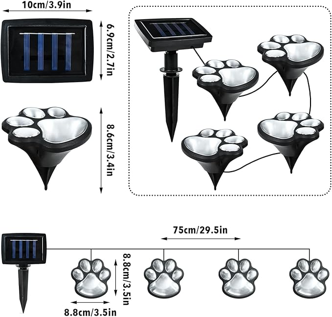 Animal Paw Print Solar Lights Outdoor Garden Decor, 4 Pack Paw Print Lights with Cord, IP55 Waterproof Yard Pathway Decor Light, Cold White Color Light, New Home Birthday Christmas Gift